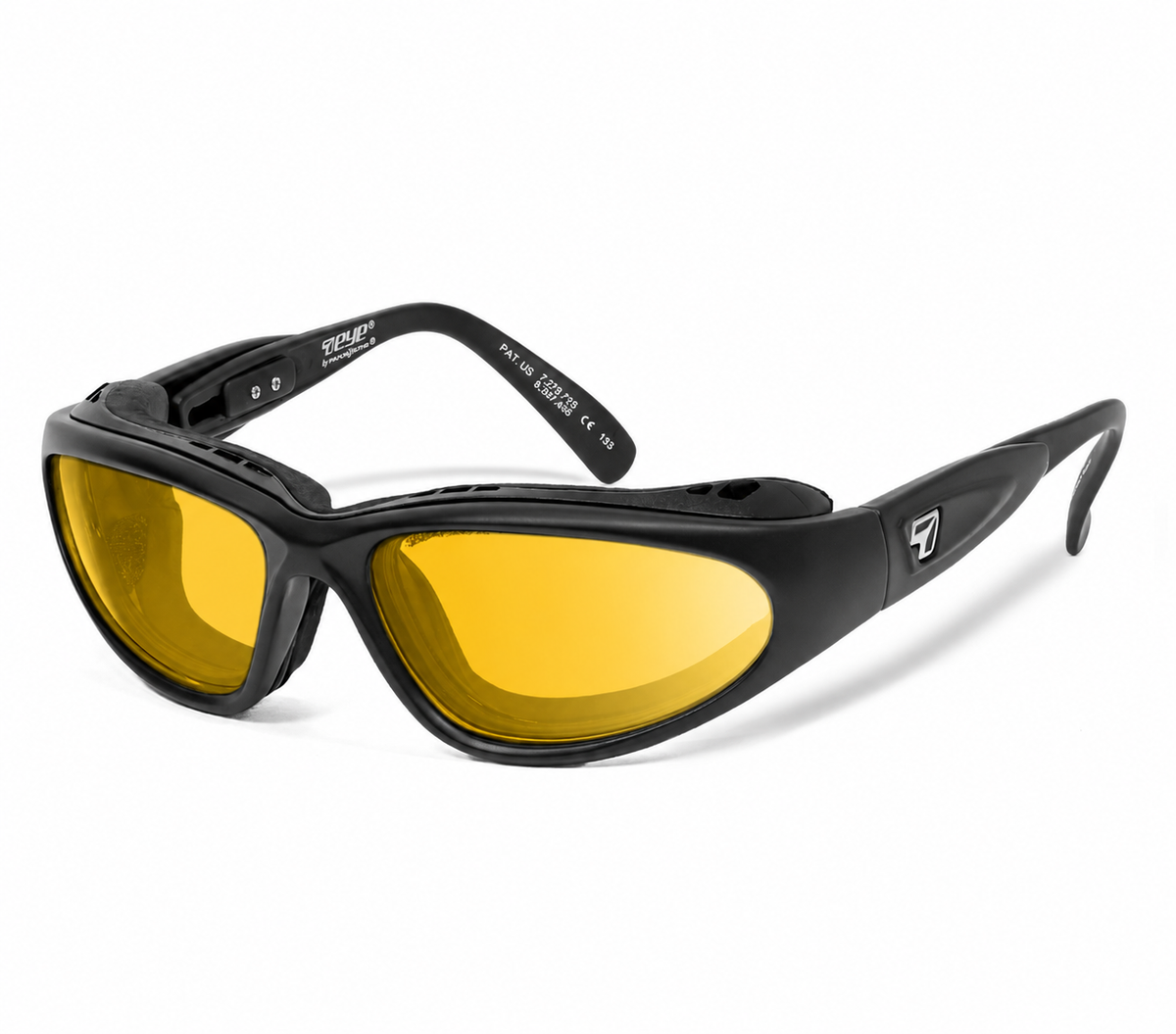 7eye Cape AirShield motorcycle eyewear for Dry Eyes with removable wind-blocking eyecup, Matte Black frame with Yellow Contrast lenses | frame-matte-black | lens-yellow-contrast