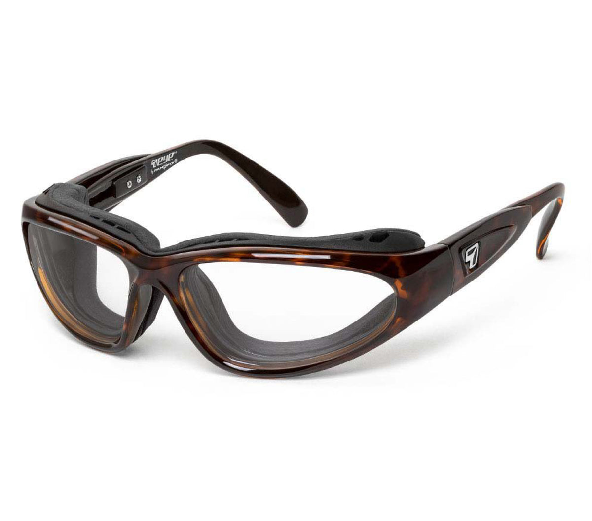 7eye Cape AirShield motorcycle eyewear and Dry Eyes with removable wind-blocking eyecup, Dark Tortoise frame with BlueByrd Blue Light Blocker lenses | frame-dark-tortoise | lens-bluebyrd-blue-light-blocker