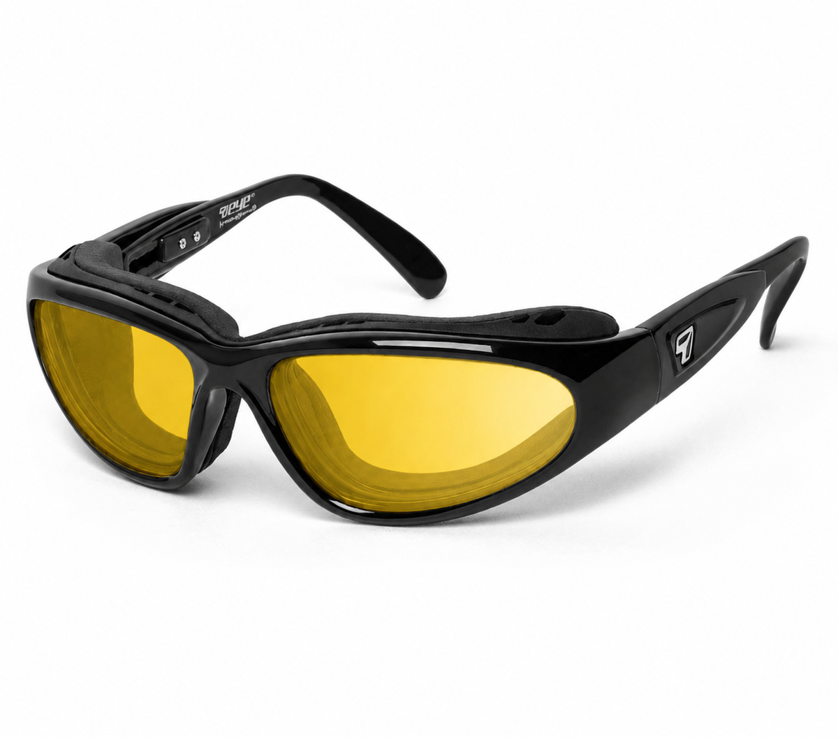7eye Cape AirShield motorcycle eyewear and Dry Eyes with removable wind-blocking eyecup, Glossy Black frame with Yellow Contrast lenses | frame-glossy-black | lens-yellow-contrast
