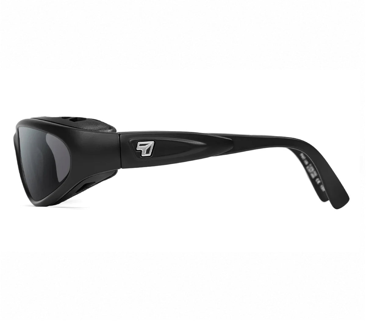 7eye Cape AirShield motorcycle eyewear and Dry Eyes with removable wind-blocking eyecup, Glossy Black frame with Gray lenses side view | frame-matte-black | lens-gray